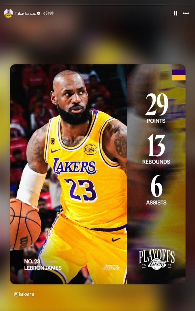 东契奇社媒转发表态 詹姆斯29+13+6率湖人加时攻陷休斯顿