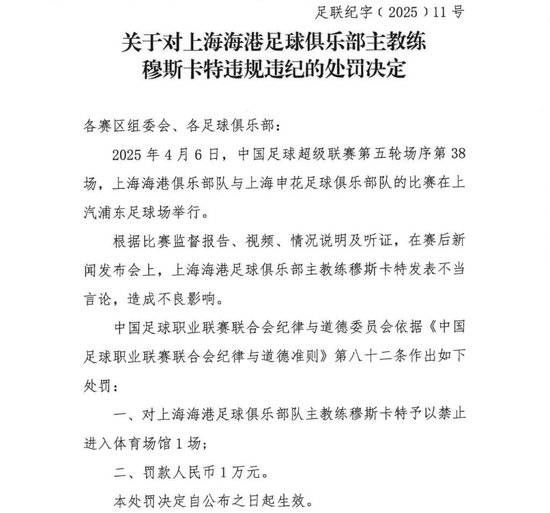官方:穆斯卡特因不当言论被禁赛1场罚款1万